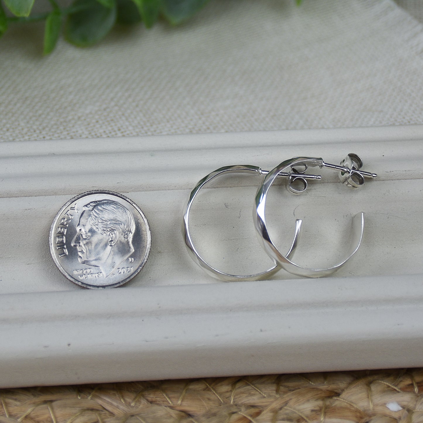 Hammered Diamond Hoop Earrings - Sterling Silver