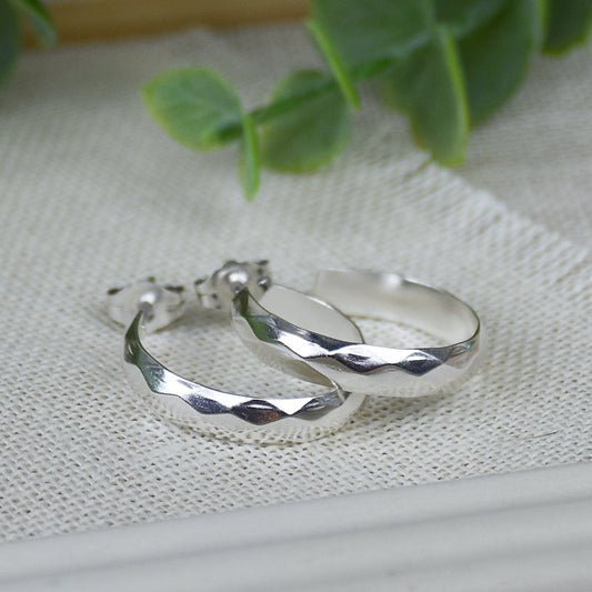 Hammered Diamond Hoop Earrings - Sterling Silver