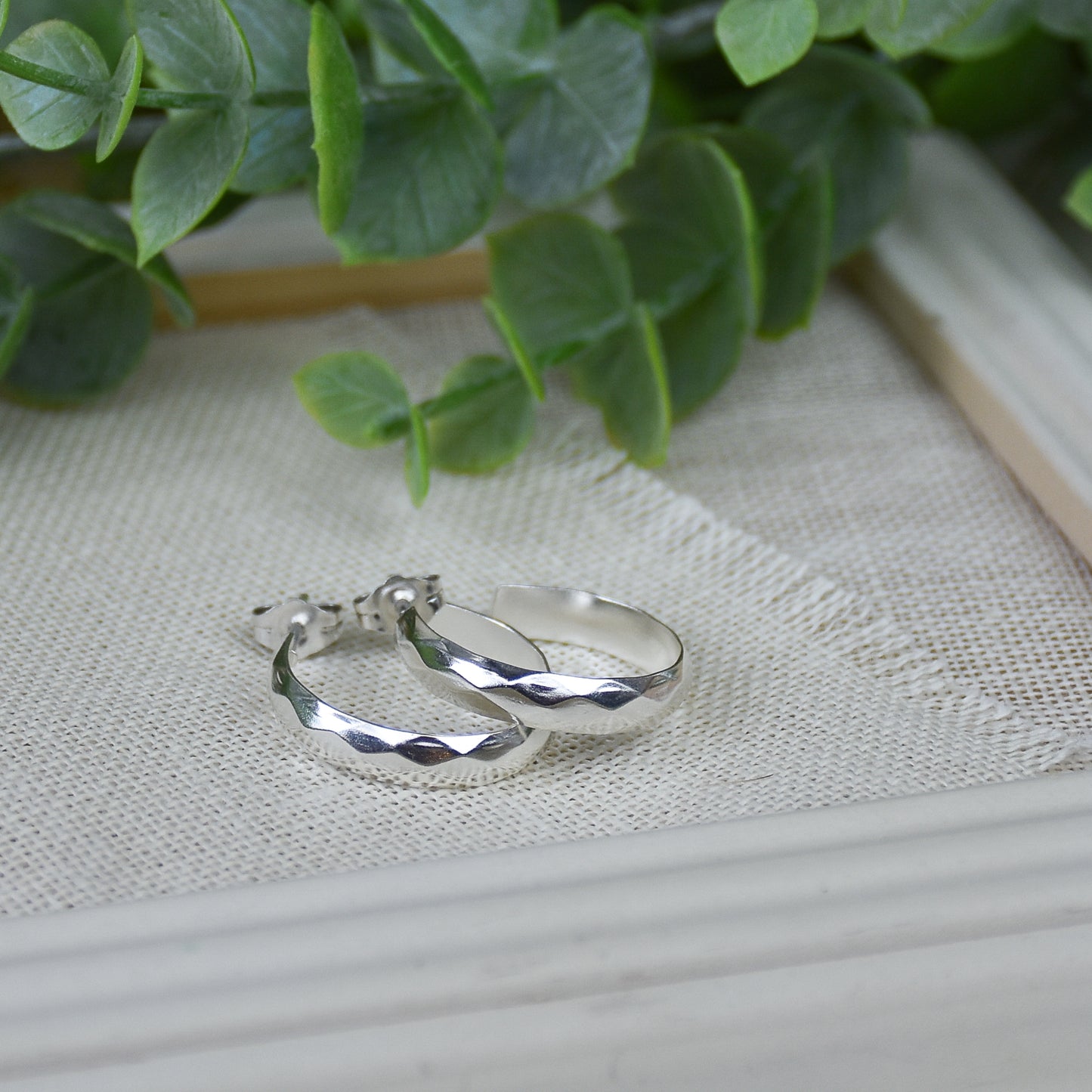 Hammered Diamond Hoop Earrings - Sterling Silver