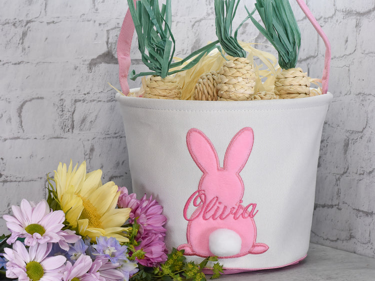 Canvas Easter Basket with Pink Bunny Applique Personalized with Embroidered Name