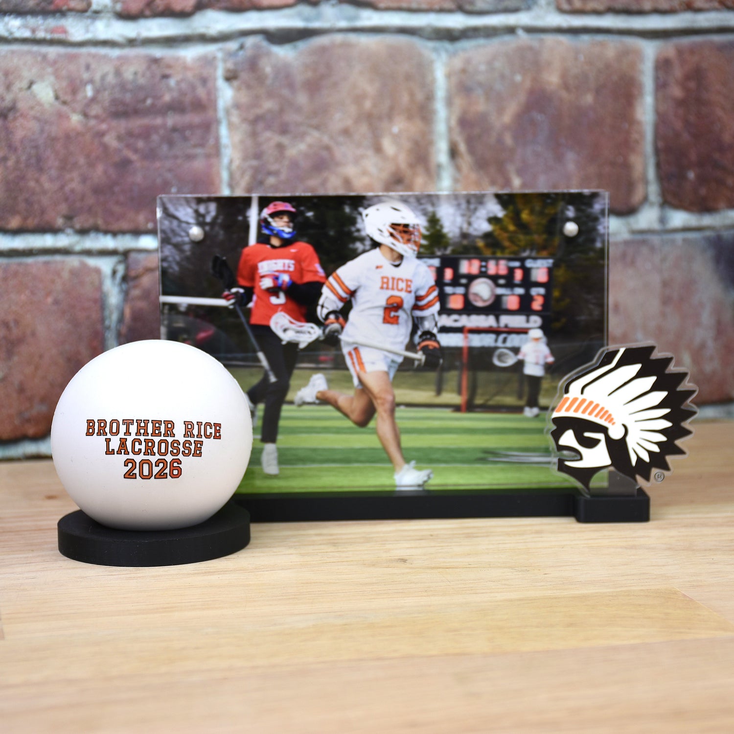Sports photo set with photo frame, custom printed ball, school logo and base for mantel or table centerpiece.