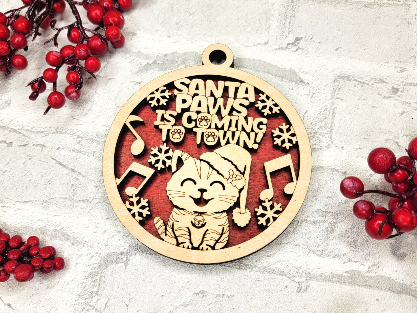 Santa Paws is Coming to Town Cat Ornament - Laser Cut Christmas Tree Decor