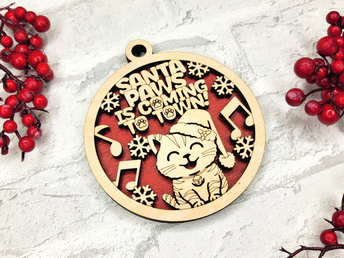 Santa Paws is Coming to Town Cat Ornament - Laser Cut Christmas Tree Decor