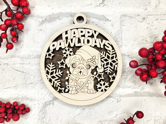 Happy Pawlidays Dog Ornament - Laser Cut Christmas Tree Decor
