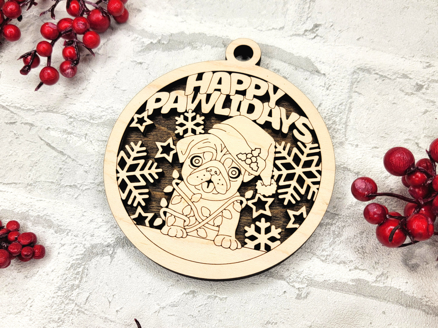 Happy Pawlidays Dog Ornament - Laser Cut Christmas Tree Decor
