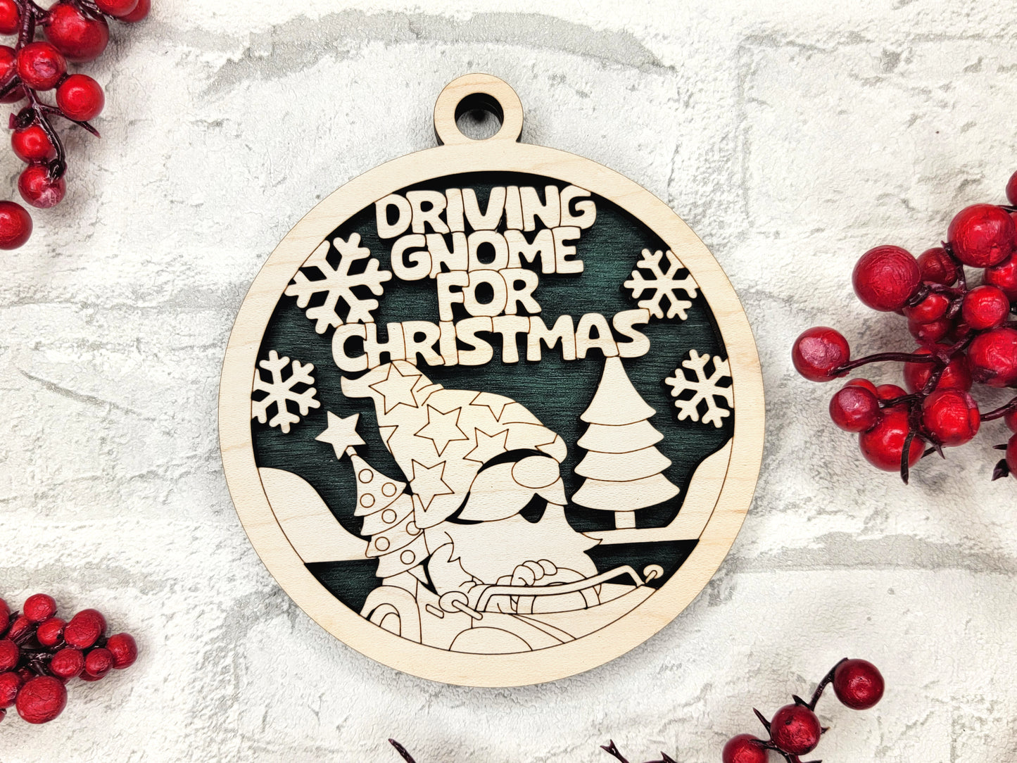 Driving Gnome for Christmas Ornament - Laser Cut Holiday Tree Decor