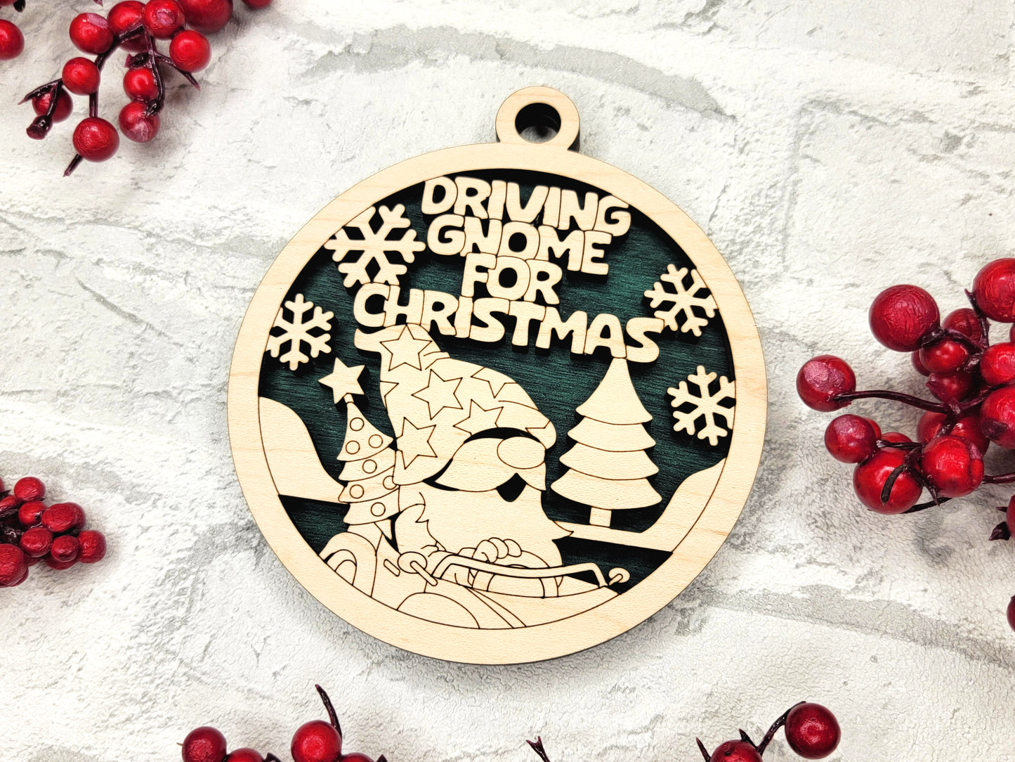 Driving Gnome for Christmas Ornament - Laser Cut Holiday Tree Decor