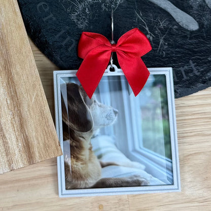 Personalized Pet Photo Ornament - Beveled Glass, Framed with Bow