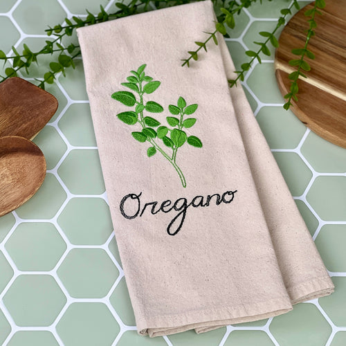 Embroidered natural organic flour sack towel with oregano design. 
