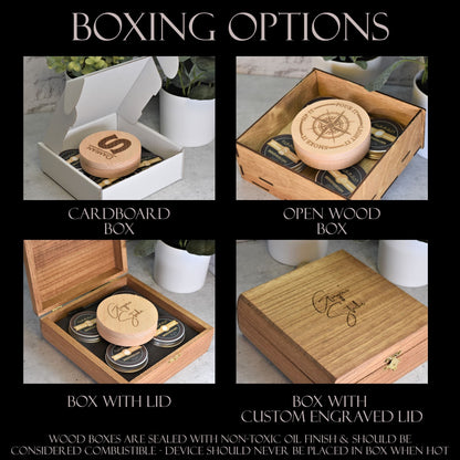 Infoslide with boxing options for cocktail smoking kits. 1. cardboard box, 2. open wood box, 3. wood box with lid, 4. custom engraved lid on wood box.