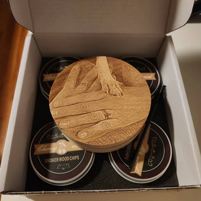 Custom laser engraved photo on top of wooden cocktail smoker gift set from 321 Simple Creations. Photo of dog paw and dog parents hands as a memorial gift after dogs passing.