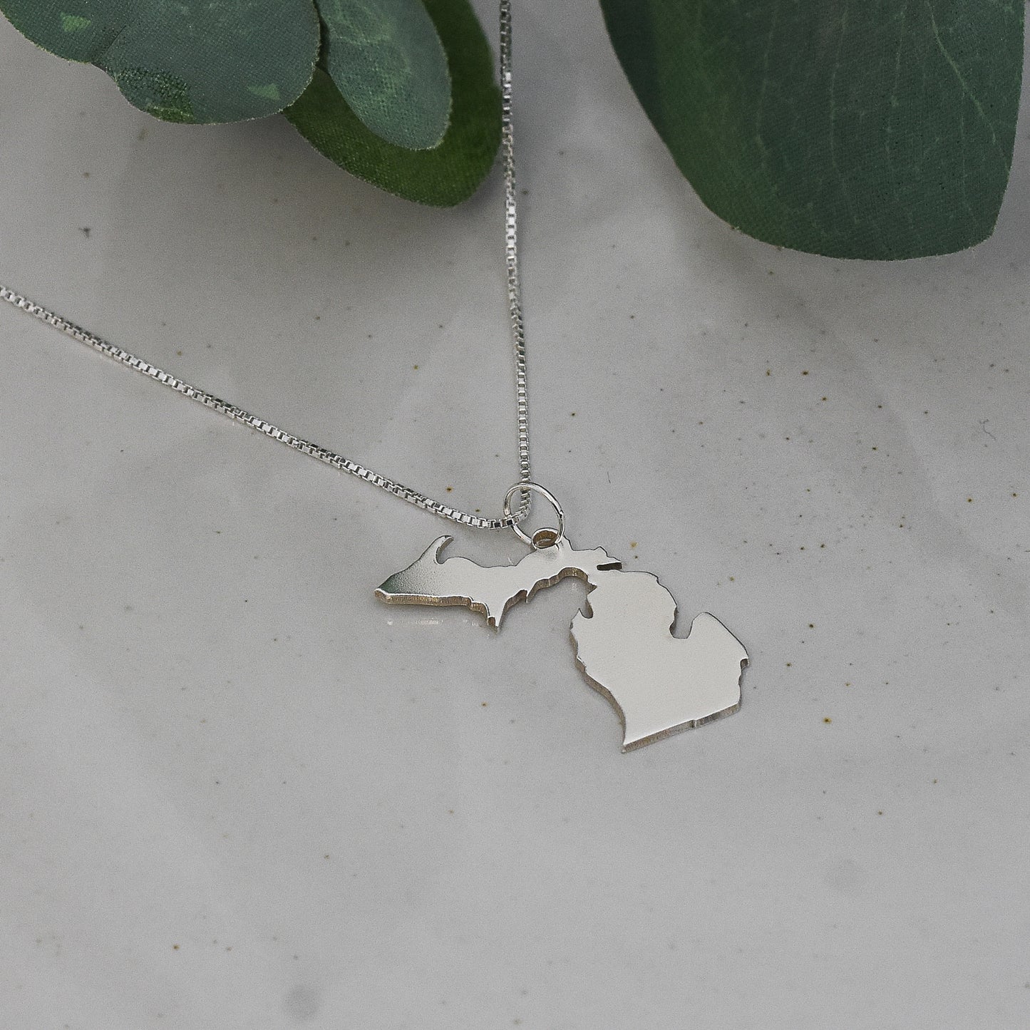 State of Michigan Upper and Lower Peninsula Necklace in Sterling Silver 