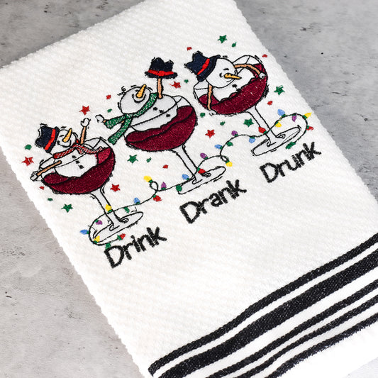 Drink, Drank, Drunk Snowman in a Wine Glass Hand Towel 100% Cotton Waffle Weave Towel