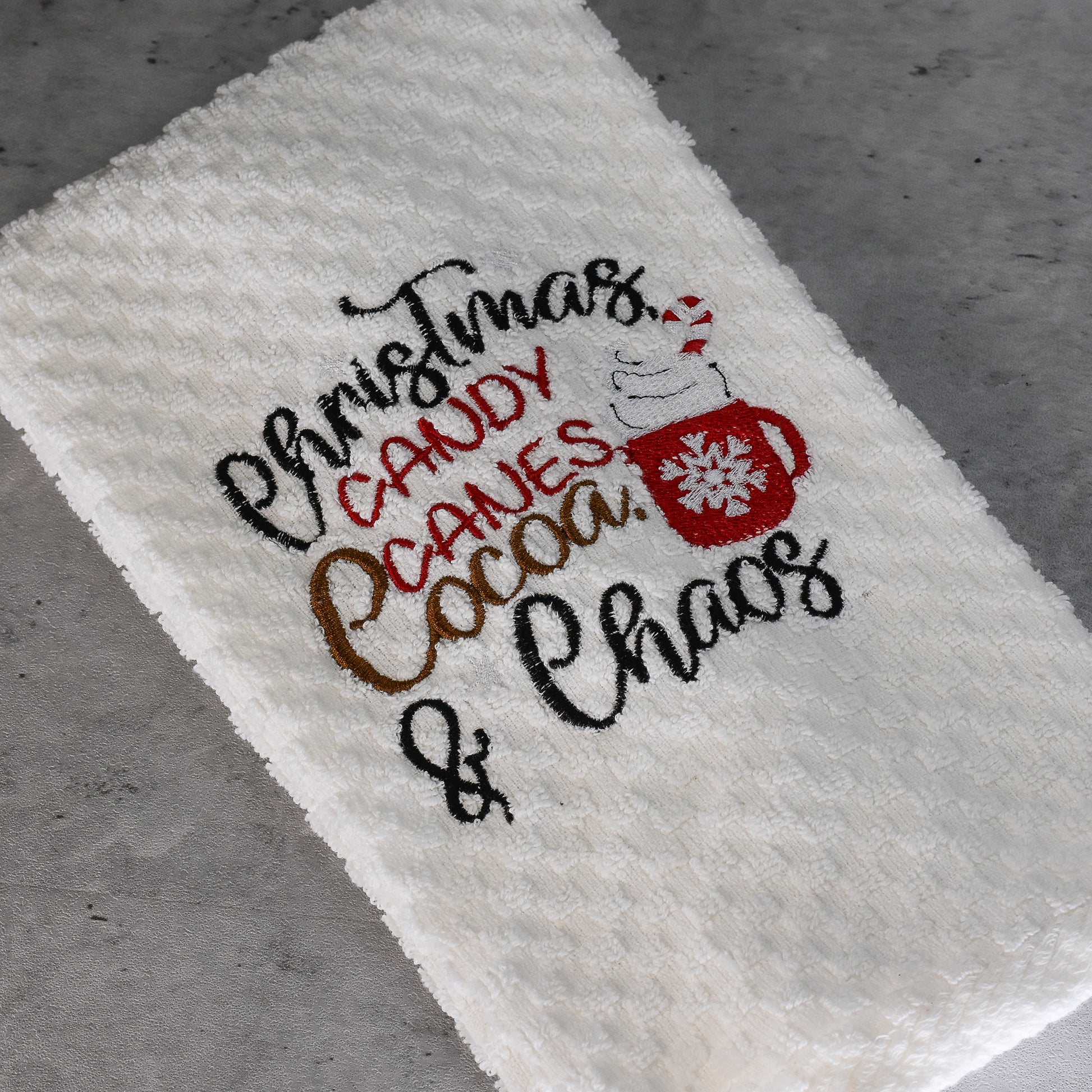 Christmas Candy Canes, Cocoa & Chaos Holiday Hand Towel 100% Cotton Waffle Weave Towel