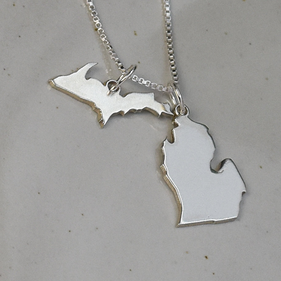 2 charm upper and lower peninsula charm necklace in sterling silver