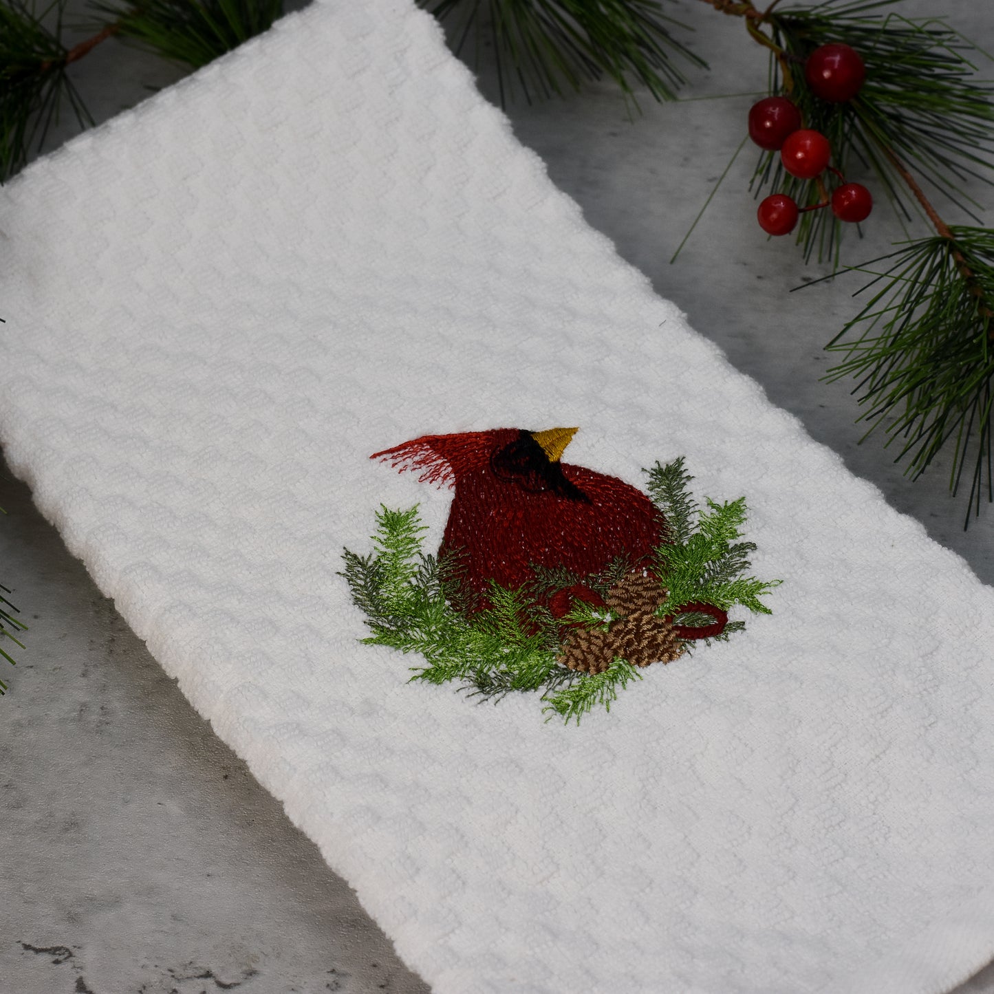 Christmas Pine Cardinal Embroidered Towel