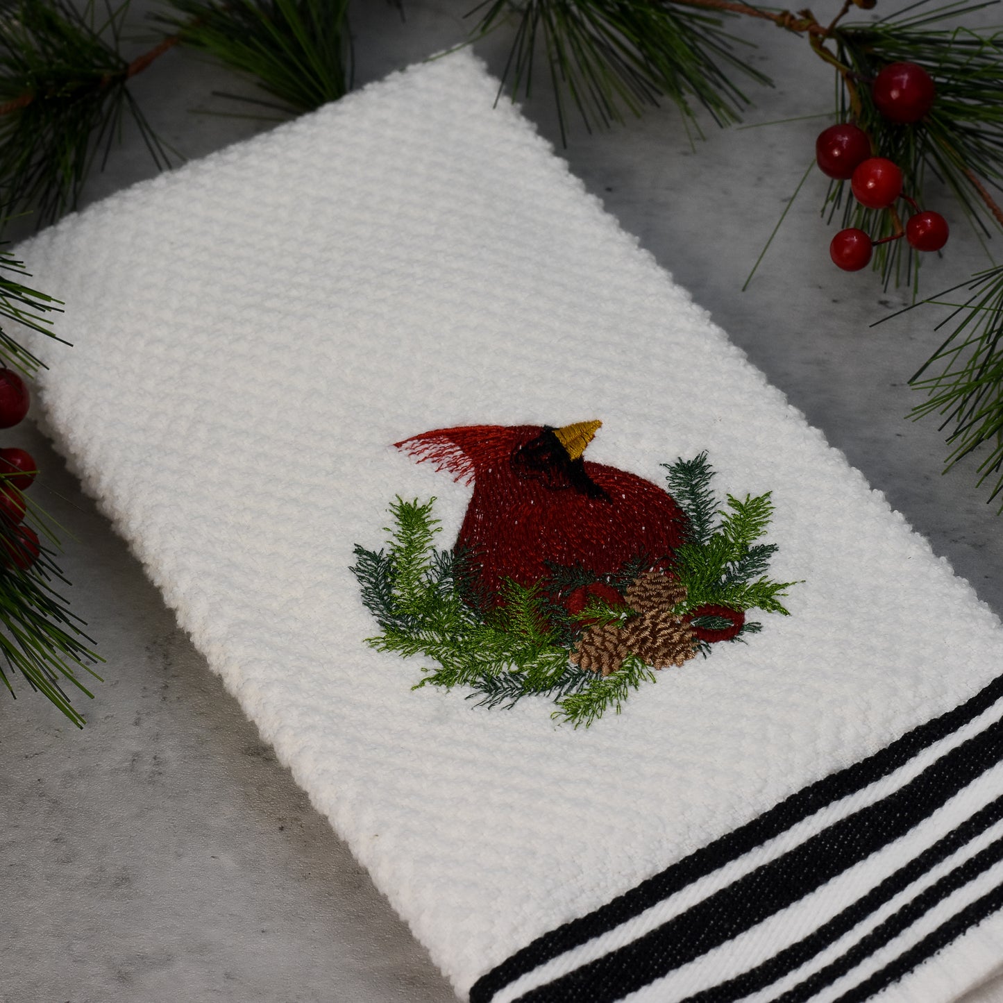 Christmas Pine Cardinal Embroidered Towel