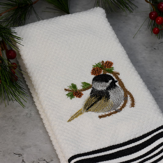 Embroidered Chickadee Holiday Towel
