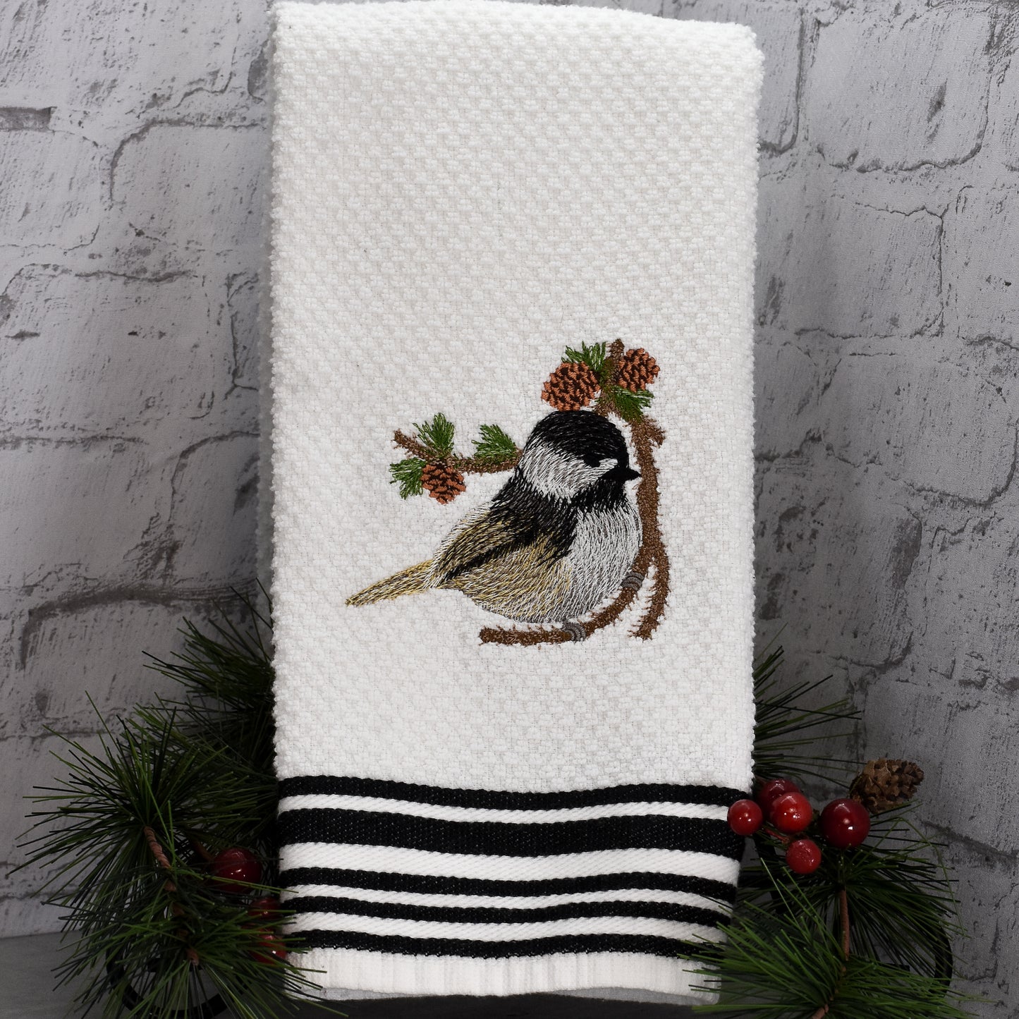 Embroidered Chickadee Holiday Towel
