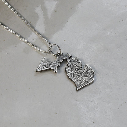 Engraved Petoskey Stone Print - State of Michigan Sterling Silver Necklace