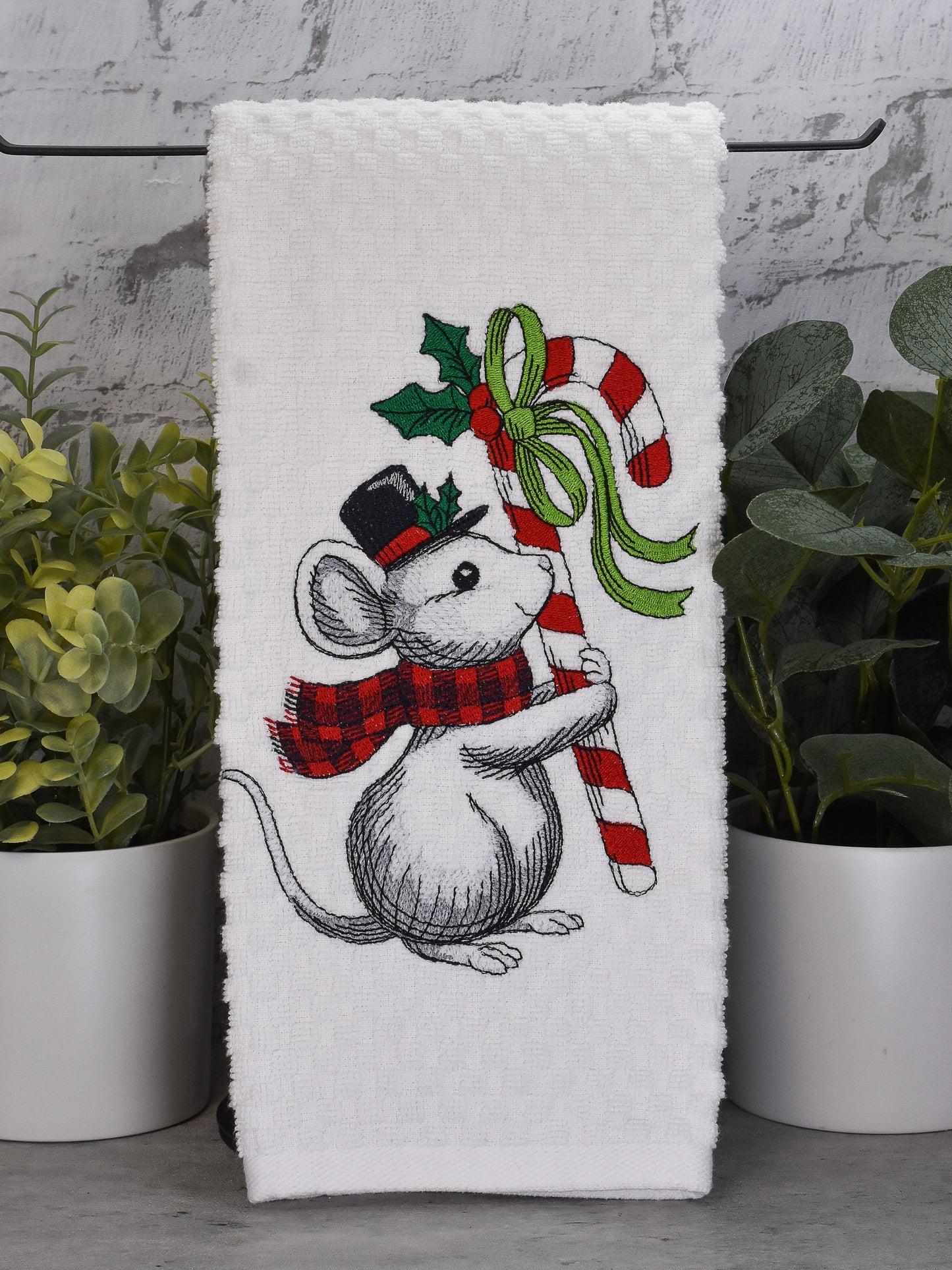 Mouse Candy Cane Towel - Embroidered Christmas Design