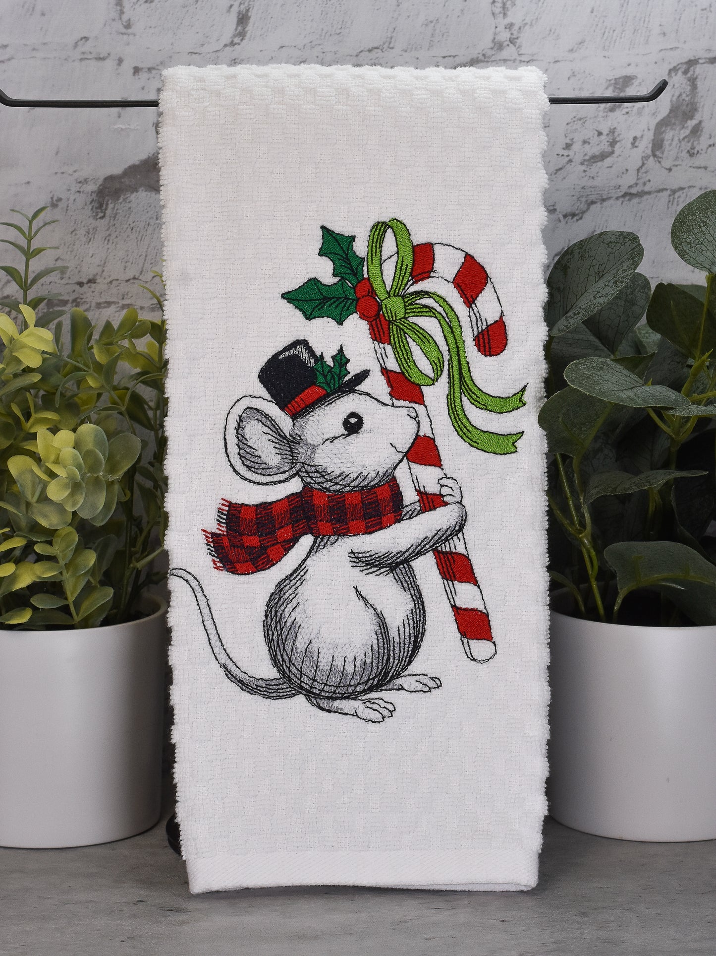 Mouse Candy Cane Towel - Embroidered Christmas Design