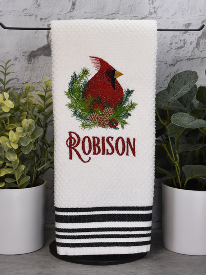 Christmas Pine Cardinal Embroidered Towel