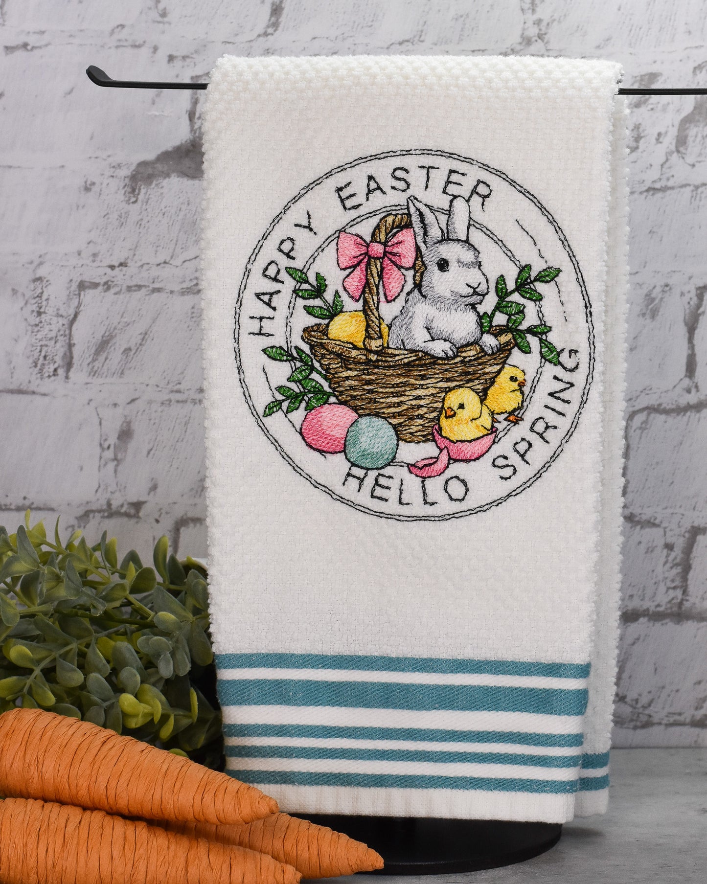 Happy Easter Hello Spring Stamp Embroidered Towel