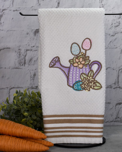 Spring Floral Easter Egg Watering Can Embroidered Towel