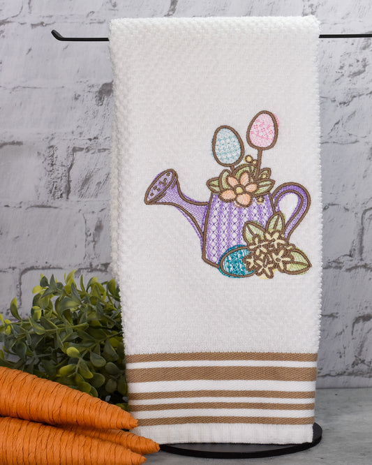 Spring Floral Easter Egg Watering Can Embroidered Towel