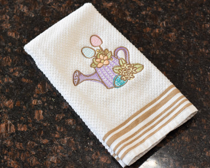 Spring Floral Easter Egg Watering Can Embroidered Towel