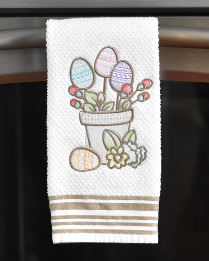 Spring Floral Easter Potted Plant Embroidered Towel