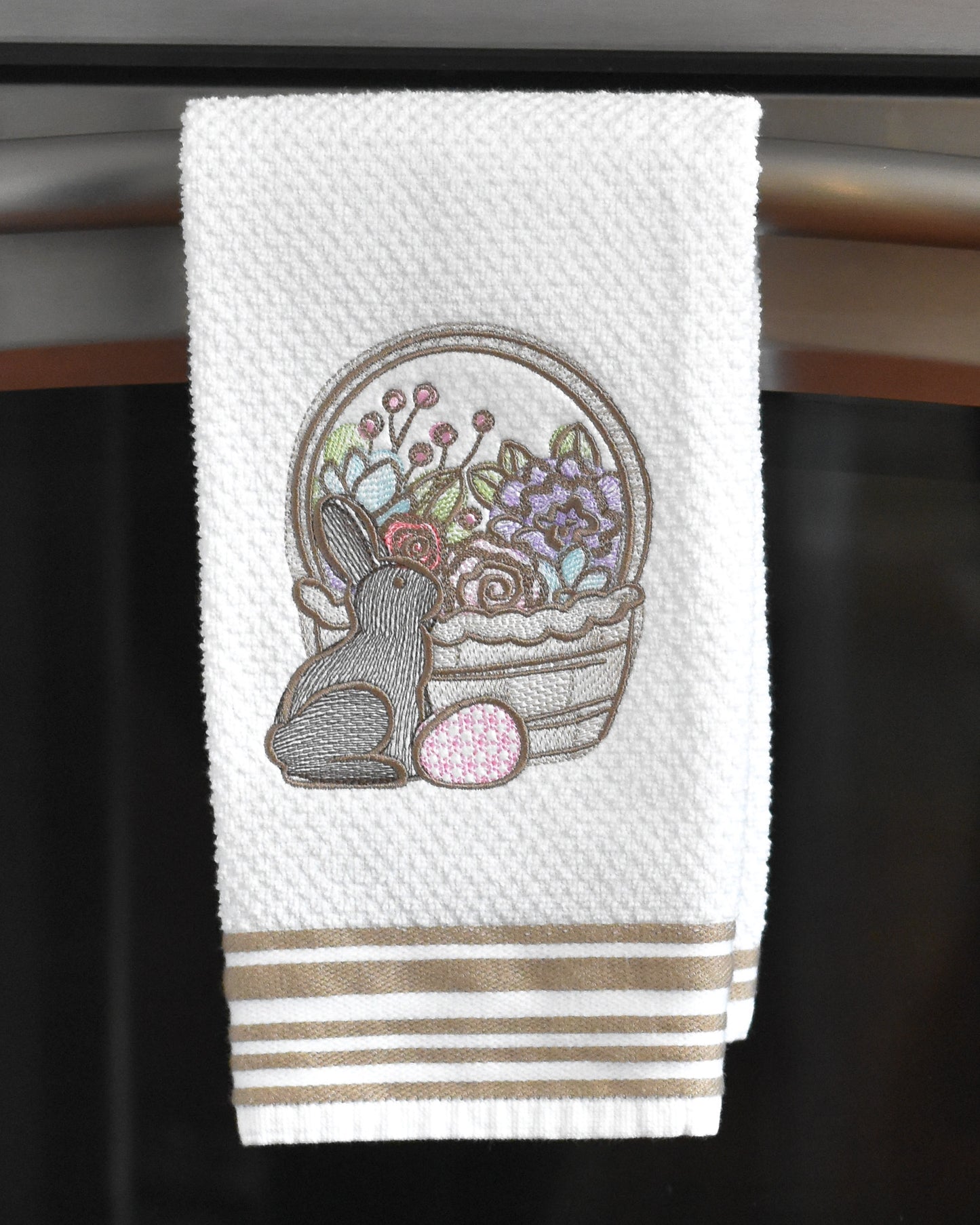 Spring Floral Easter Bunny Basket Embroidered Towel