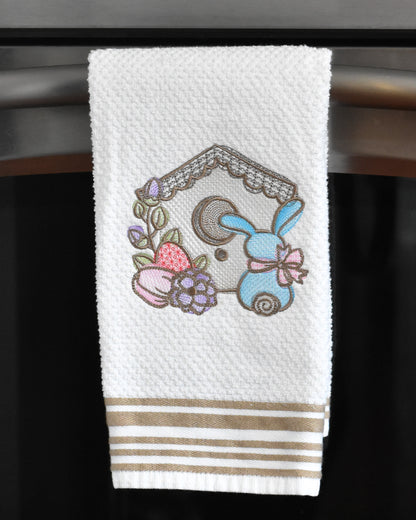 Spring Floral Birdhouse Bunny Embroidered Towel