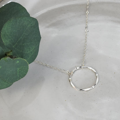 Eternity Circle Sterling Silver Necklace - 26mm Hammered Link with Adjustable Chain