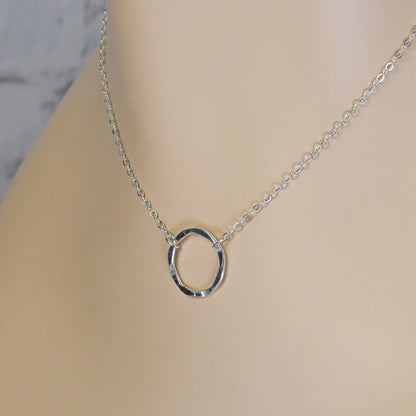 Eternity Circle Sterling Silver Necklace - 26mm Hammered Link with Adjustable Chain