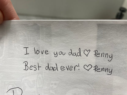 Handwriting sample provided by daughter for engraving on tie bar for gift to father on wedding day.