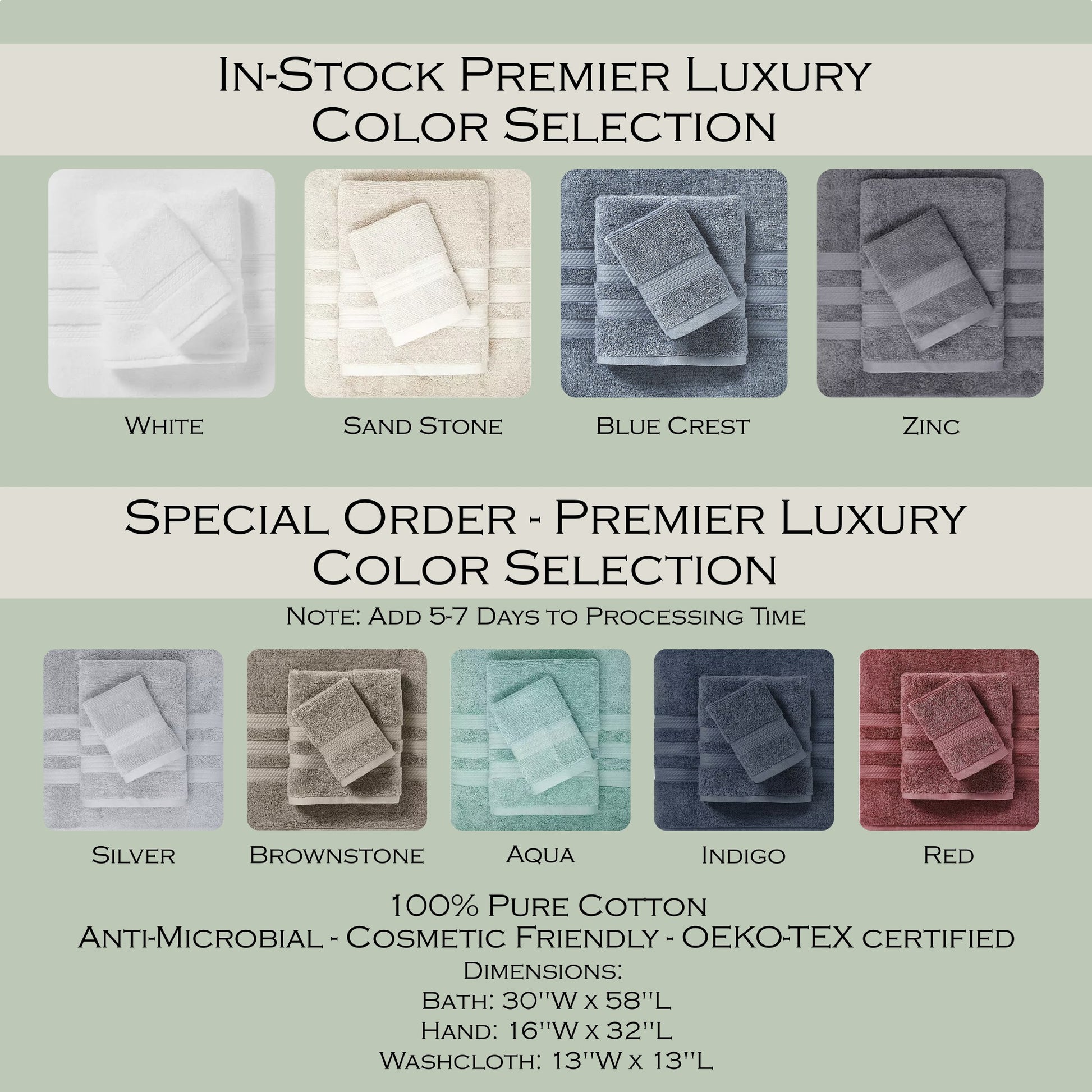 in-stock and special order towel selection by color: white, sand, blue, zinc, silver, brown, aqua, indigo and red