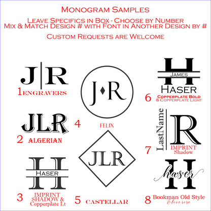 Examples of monograms for custom engraved cocktail smoker kits.