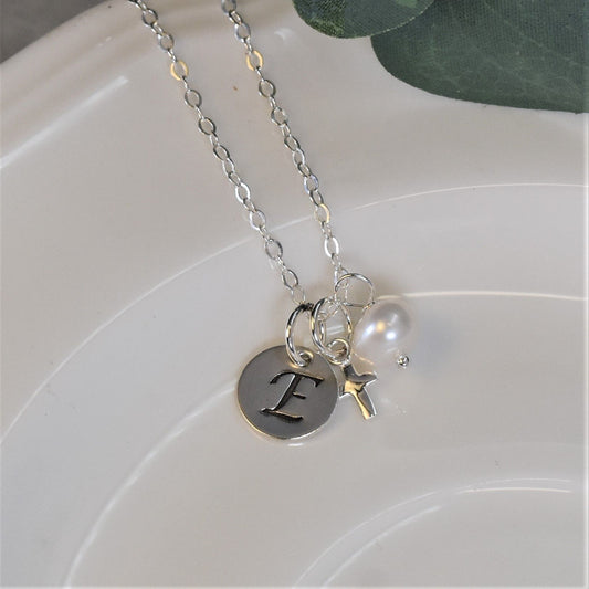Communion Necklace - Personalized Initial, Cross & Pearl