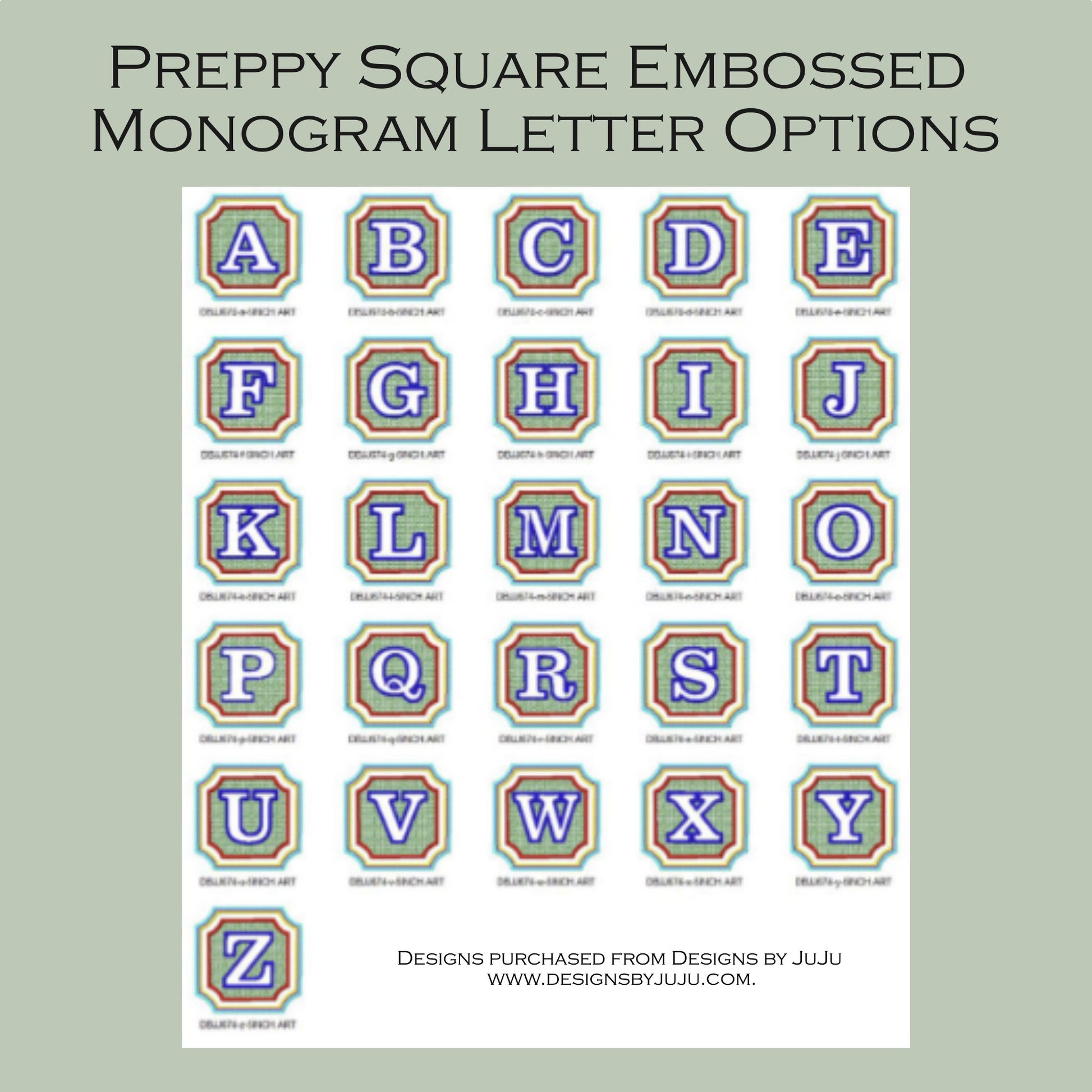 Preppy square embossed monogram alphabet examples