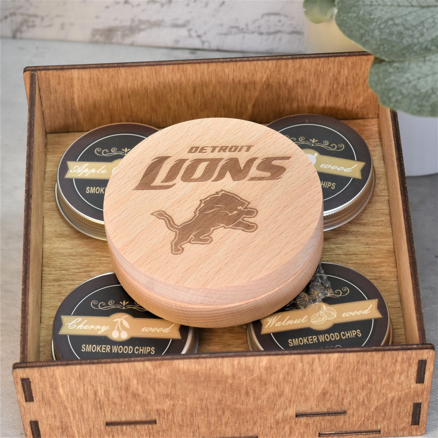 Cocktail smoking kit with engraved logo for football team in wooden box containing 4 types of smoking chips.