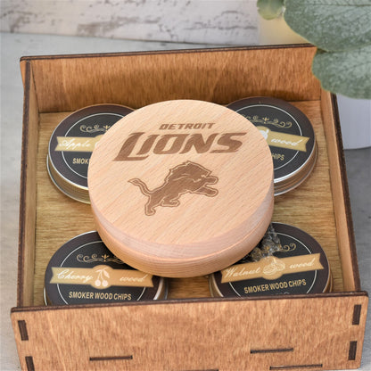Cocktail smoking kit with engraved logo for football team in wooden box containing 4 types of smoking chips.