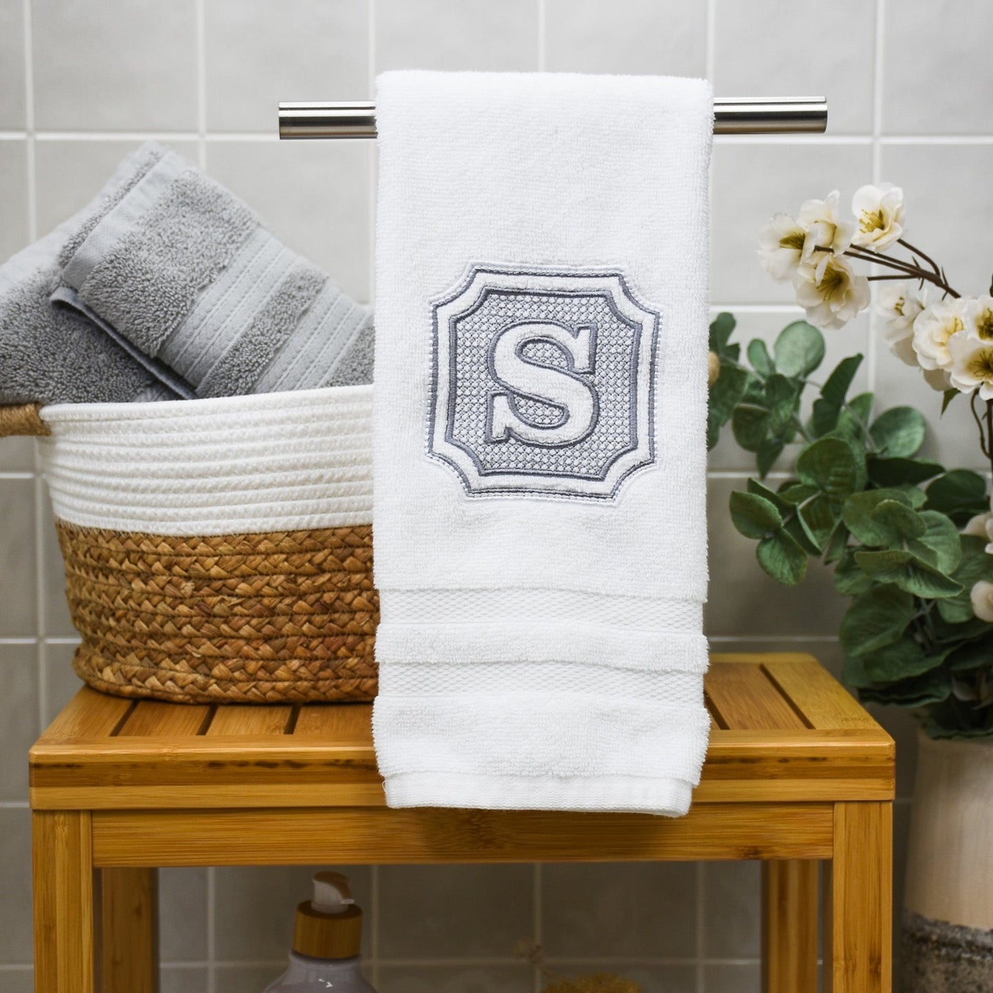 personalized hand towel with silver embroidery