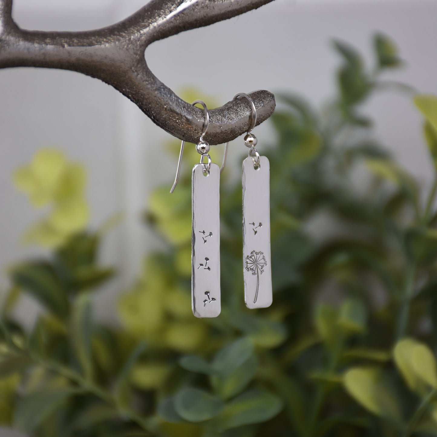 Dandelion Earrings - Sterling Silver Stamped Rectangle