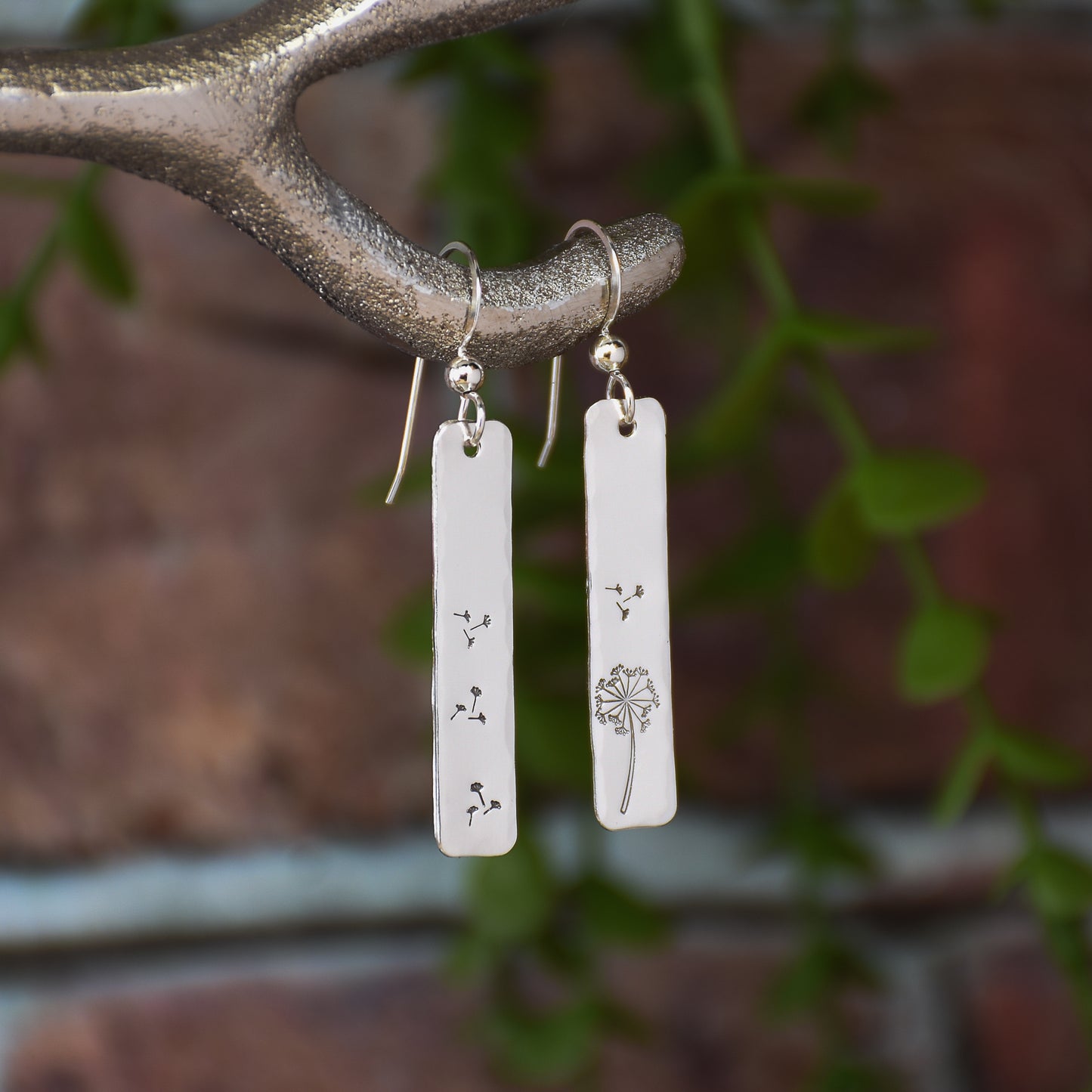 Dandelion Earrings - Sterling Silver Stamped Rectangle