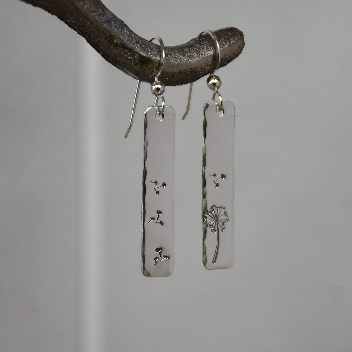 Dandelion Earrings - Sterling Silver Stamped Rectangle