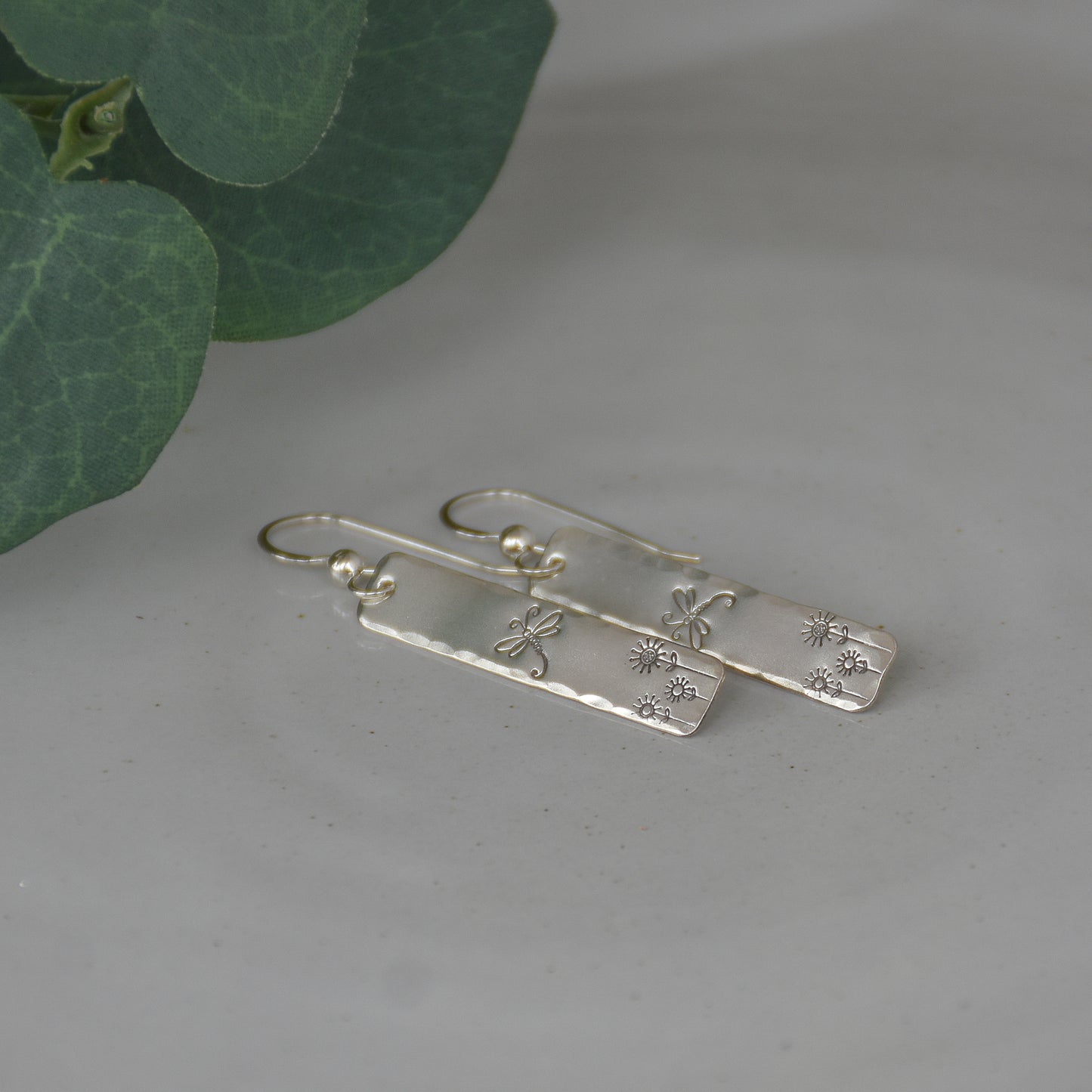 Dragonfly Garden Earrings - Sterling Silver Stamped Rectangle