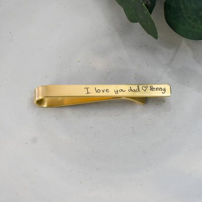 Engraved handwriting on gold brass tie clip.  I love you dad from daughter on Wedding day.  Father of the bride gift.