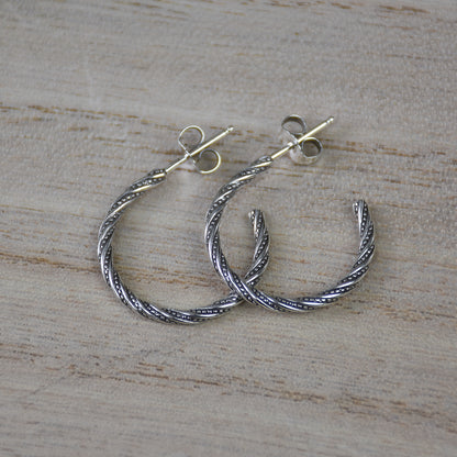 Antiqued Dot Twist Hoop Earrings - Sterling Silver